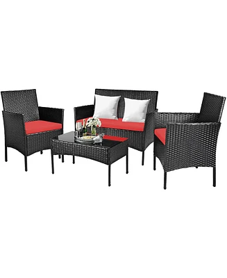 Costway 4 Pcs Outdoor Patio Rattan Furniture Set Table Shelf Sofa