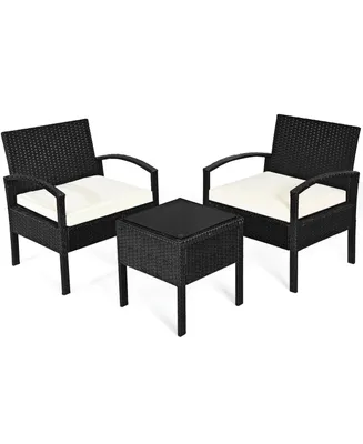 3PCS Patio Rattan Furniture Set Table & Chairs Set with Cushions