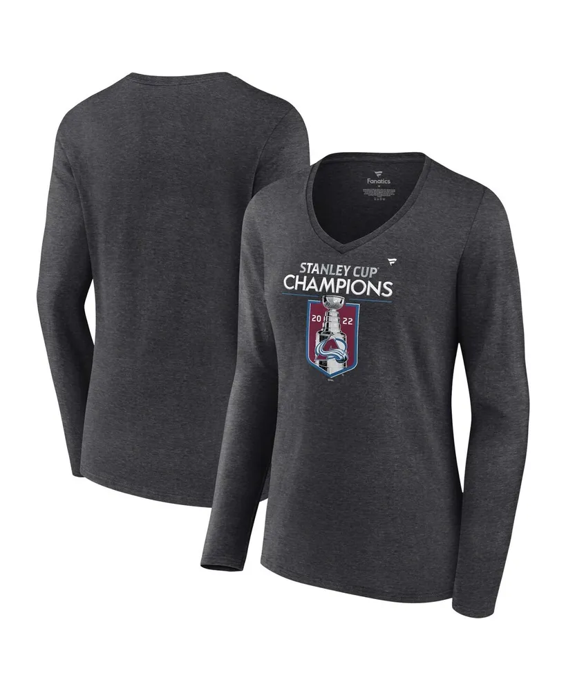 Women's Fanatics Heathered Charcoal Colorado Avalanche 2022 Stanley Cup Champions Locker Room V-Neck Long Sleeve T-shirt