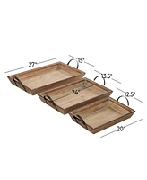 Rosemary Lane Wood Tray with Metal Handles, Set of 3, 20", 24", 27" W