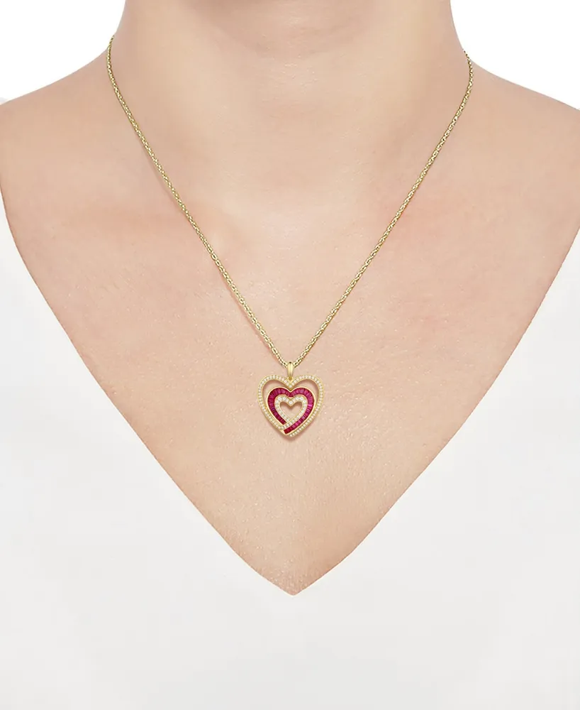 Lab-Grown Ruby (1/2 ct. t.w.) & Lab-Grown White Sapphire (3/8 ct. t.w.) Triple Heart 18" Pendant Necklace in 14k Gold-Plated Sterling Silver