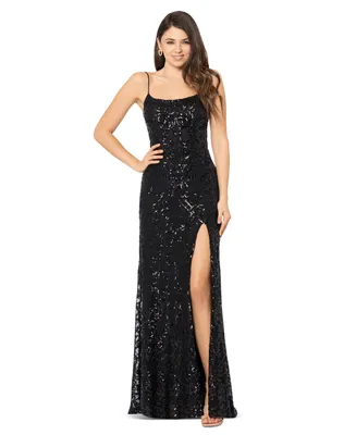 Blondie Nites Juniors' Sequined Back-Cutout Gown