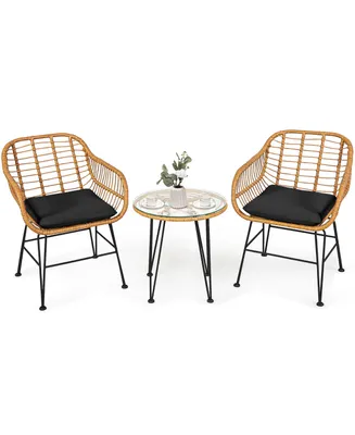 3PCS Patio Rattan Bistro Furniture Set Cushioned Chair Table
