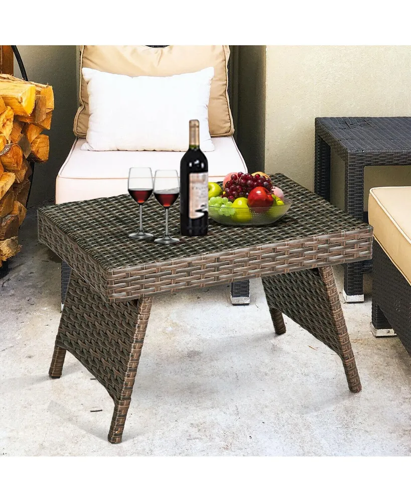 Costway Patio Folding Wicker Side Coffee Table Poolside Garden Lawn Bistro Furniture