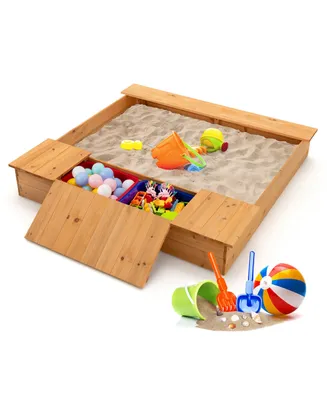 Costway Kids Wooden Sandbox w/ Bench Seats & Storage Boxes Children Outdoor Playset