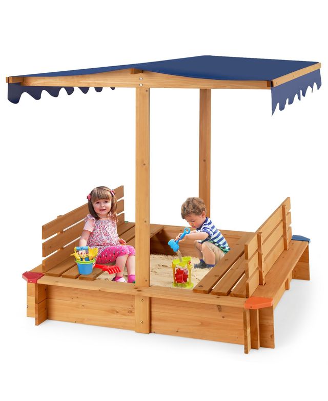 Costway Kids Wooden Sandbox w/ Canopy & 2 Bench Seats Bottom Liner for Outdoor