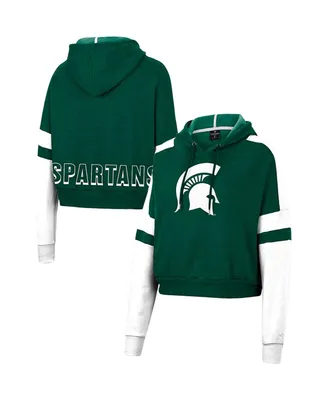 Women's Colosseum Heather Green Michigan State Spartans Throwback Stripe Arch Logo Cropped Pullover Hoodie
