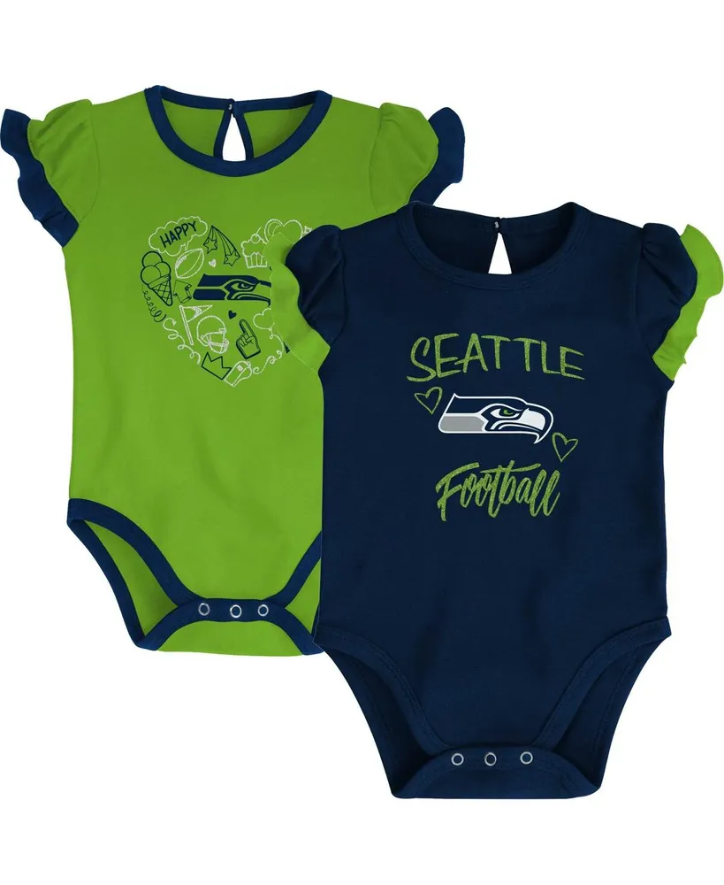 Newborn and Infant Boys and Girls College Navy, Neon Green Seattle Seahawks Too Much Love Two-Piece Bodysuit Set