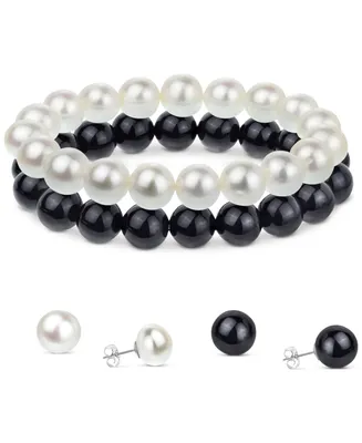 4-Pc. Set Freshwater Pearl (8 1/2 - 9 1/2mm) & Onyx Stretch Bracelets & Stud Earrings