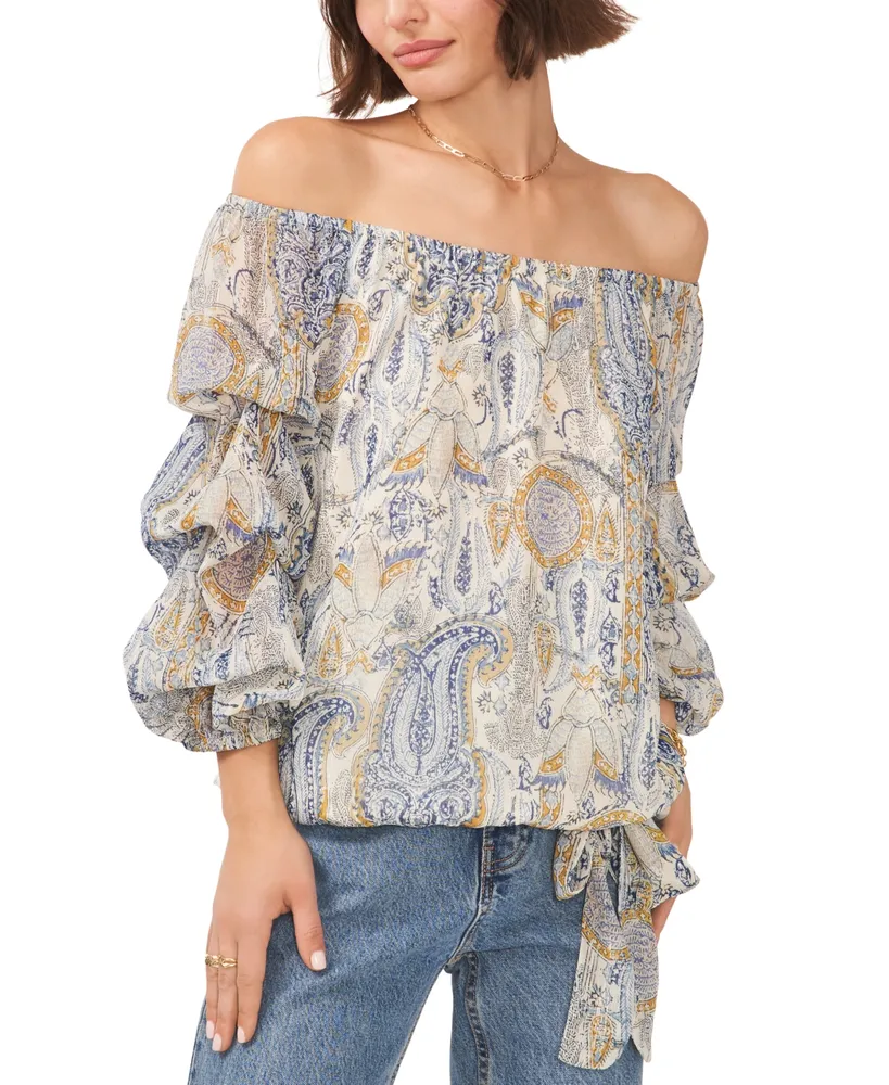 Vince Camuto Women's Paisley Off The Shoulder Bubble Sleeve Tie Front Blouse