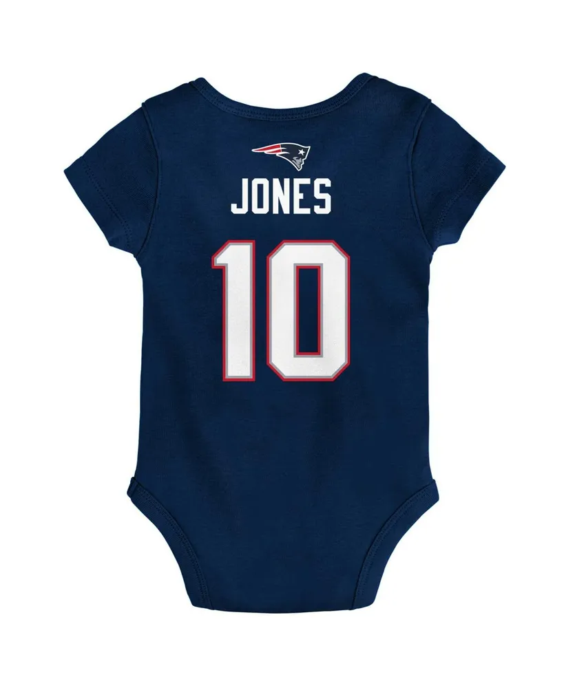 Newborn and Infant Navy Boys Girls Mac Jones New England Patriots Mainliner Player Name Number Bodysuit