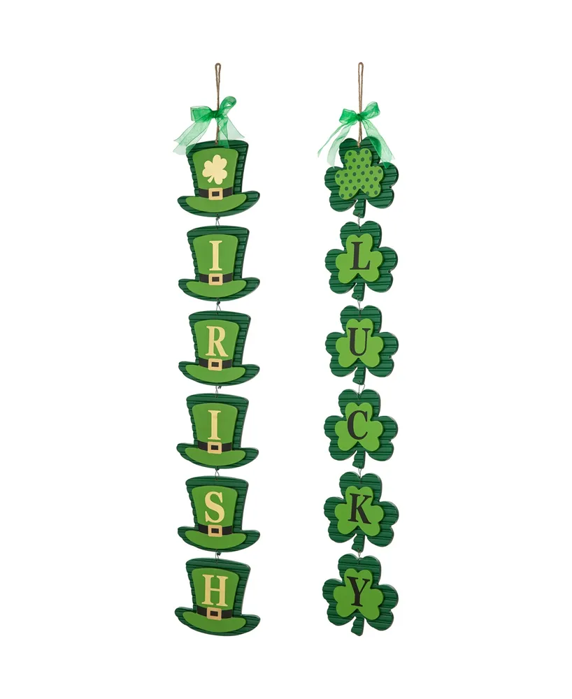 Glitzhome 30" H St. Patrick's Wooden Shamrock and Leprechaun Hats Door Hanger, Set of 2