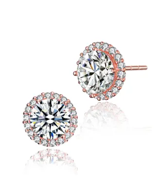 Genevive Sterling Silver Clear Round Cubic Zirconia with Pronged Halo Small Zirconias Button Style Earrings