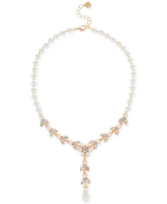 Charter Club Gold-Tone Crystal & Imitation Pearl Flower Lariat Necklace, 17" + 2" extender, Created for Macy's