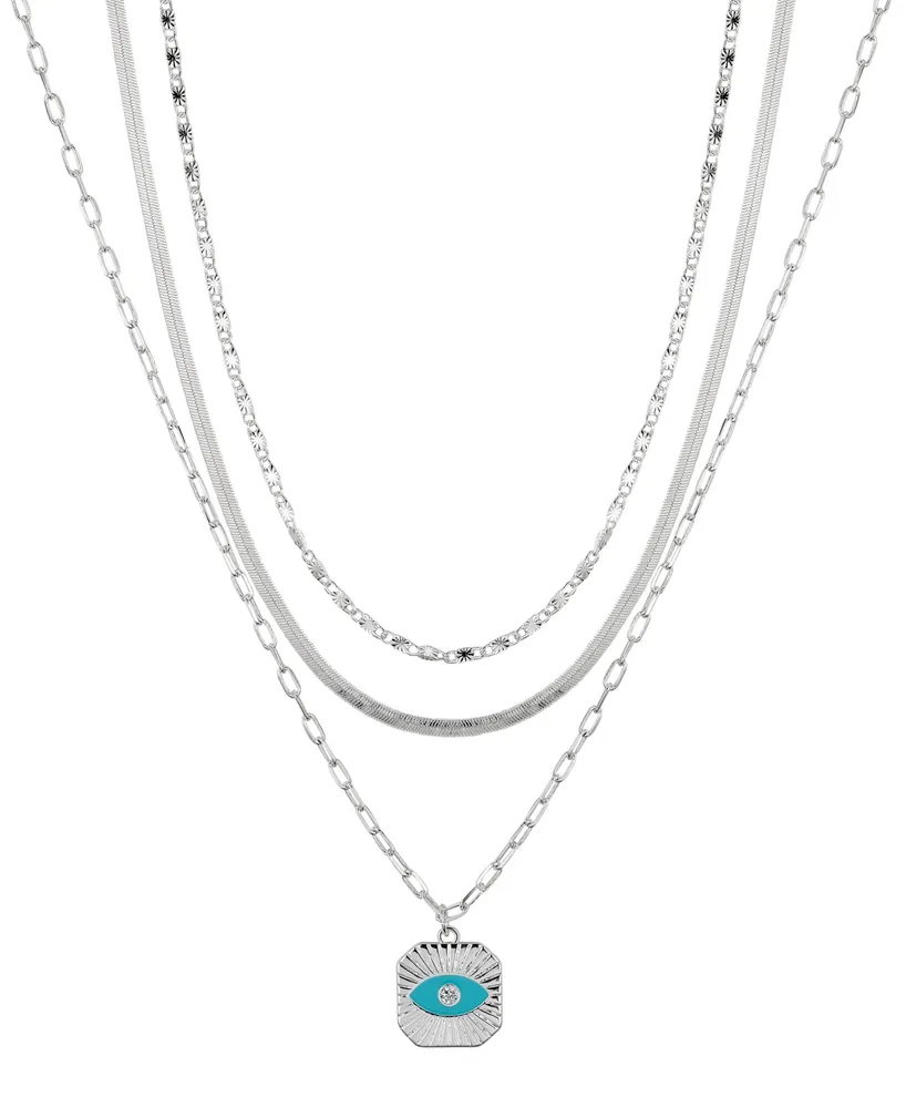 Unwritten Fine Silver Plated Cubic Zirconia Evil Eye on a Link, Herringbone, Flat Circle Link Chain Necklace Set