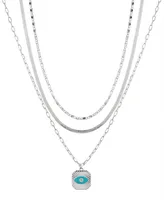 Unwritten Fine Silver Plated Cubic Zirconia Evil Eye on a Link, Herringbone, Flat Circle Link Chain Necklace Set