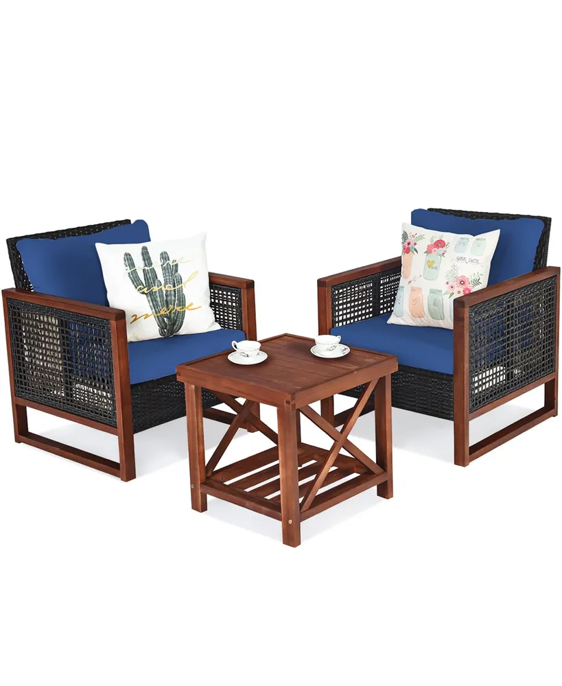 3PCS Patio Wicker Furniture Set Solid Wood Frame Cushion Sofa w/ Square Table Shelf