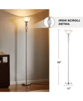 Traditional Iron Scrollwork Standing Lamp Pole Light With Alabaster Glass Bowl Shade – 70" Tall- (Brushed Nickel)