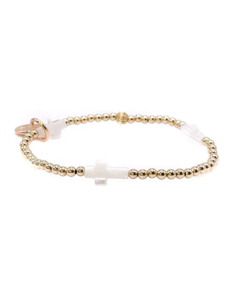 Bowood Lane Non-Tarnishing Gold filled, 3mm Ball and Mother Of Pearl Cross Stretch Bracelet