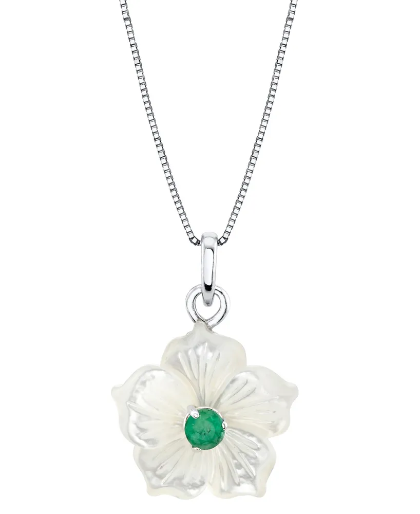 Mother-of-Pearl (18mm) & Emerald (1/3 ct. t.w.) Flower 18" Pendant Necklace in Sterling Silver