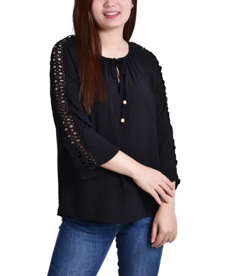 Ny Collection Petite Crochet Detail 3/4 Sleeve Blouse