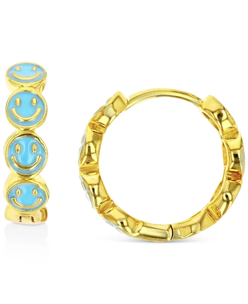 Enamel Smiley Face Hoop Earrings Sterling Silver or 14k Gold over Silver, 1/2"