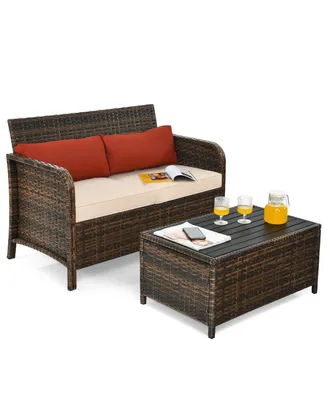 2PCS Patio Rattan Furniture Set Cushioned Loveseat Table Garden Deck