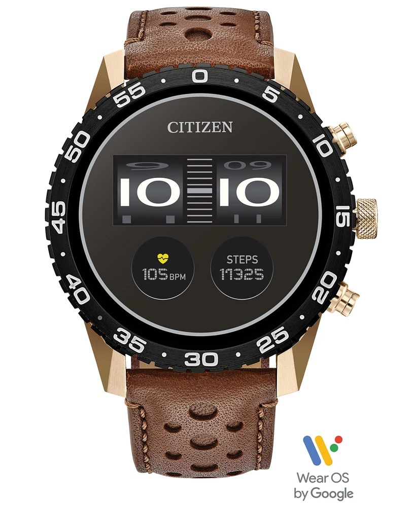 Citizen Unisex Cz Smart Wear Os Brown Perforated Leather Strap Smart Watch 45mm