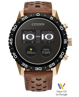 Citizen Unisex Cz Smart Wear Os Brown Perforated Leather Strap Smart Watch 45mm - Rose Gold