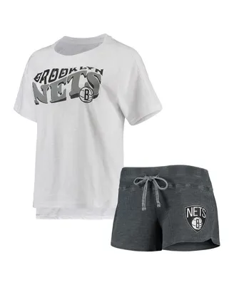 Women's Concepts Sport Charcoal, White Brooklyn Nets Resurgence Slub Burnout Raglan T-shirt and Shorts Sleep Set