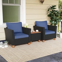 3PCS Outdoor Patio Rattan Furniture Set Wooden Table Cushioned Sofa