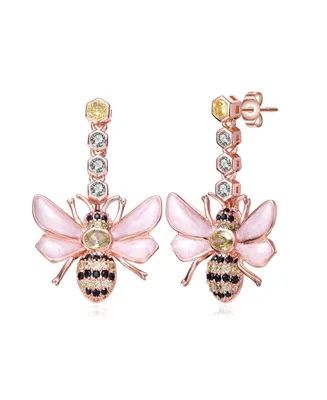 Genevive Sterling Silver 18K Rose Gold Plated Clear Cubic Zirconia Floral Drop Butterfly Earrings