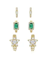 Genevive Sterling Silver 14k Gold Plated with Emerald & Cubic Zirconia Halo Star 3-Piece Hoop Earrings Set