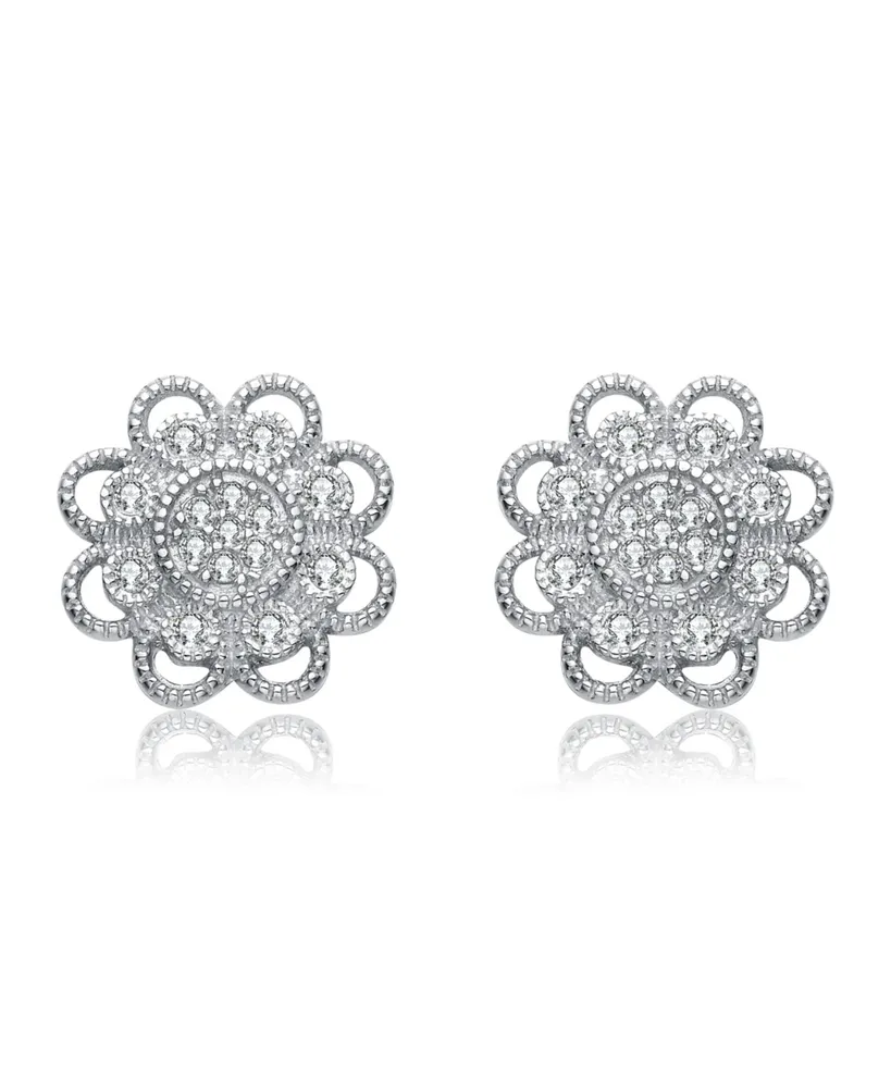 Genevive Sterling Silver Cubic Zirconia White Gold Plated Round Lace Design Earrings