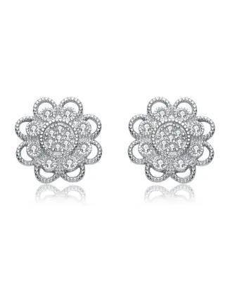 Genevive Sterling Silver Cubic Zirconia White Gold Plated Round Lace Design Earrings