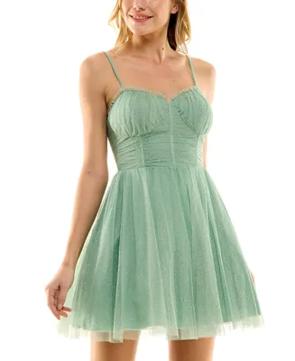 City Studios Juniors' Glitter-Tulle Ruched-Bodice Skater Dress, Created for Macy's