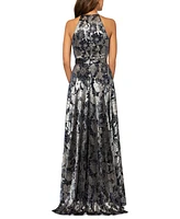 Betsy & Adam Metallic Floral Halter Gown