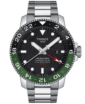 Tissot Men's Swiss Automatic Seastar 1000 Powermatic 80 Gmt Stainless Steel Bracelet Watch 46mm