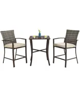 3PCS Patio Rattan Bar Furniture Set Slat Table 2 Cushioned Stools Poolside