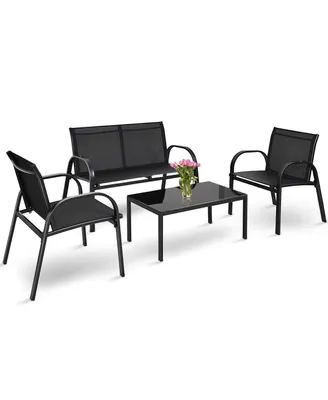 4 Pcs Patio Furniture Set Sofa Coffee Table Steel Frame Garden Deck