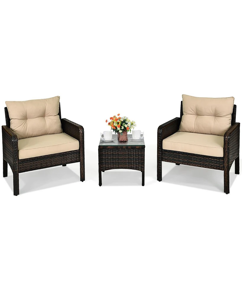 3PCS Outdoor Rattan Conversation Set Patio Furniture Cushioned