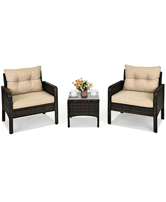 3PCS Outdoor Rattan Conversation Set Patio Furniture Cushioned