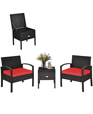 3PC Outdoor Patio Rattan Furniture Set Storage Coffee Table Cushioned Sofa