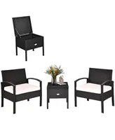 Costway 3PC Outdoor Patio Rattan Furniture Set Storage Coffee Table Cushioned Sofa