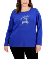 Karen Scott Plus Size Embellished Long-Sleeve Cotton Top, Created for Macy's