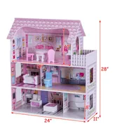 28'' Dollhouse w/ Furniture Gliding Elevator Rooms 3 Levels Young Girls Toy
