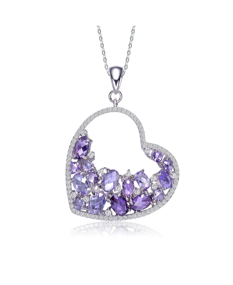 Genevive Sterling Silver with White Gold Plating Purple Oval with Clear Round Cubic Zirconia Open Heart Necklace