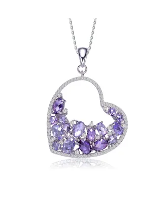 Genevive Sterling Silver with White Gold Plating Purple Oval with Clear Round Cubic Zirconia Open Heart Necklace