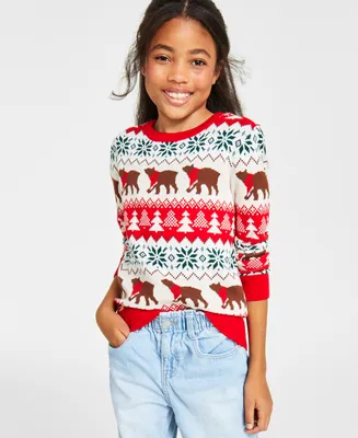 Holiday Lane Big Girls Santa Bear Sweater, Created for Macy's