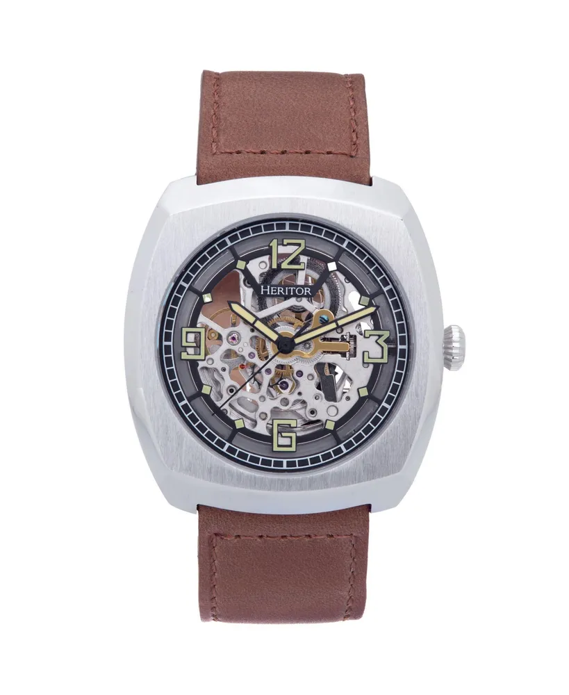 Heritor Automatic Men Gatling Leather Watch - Silver/Light Brown, 44mm